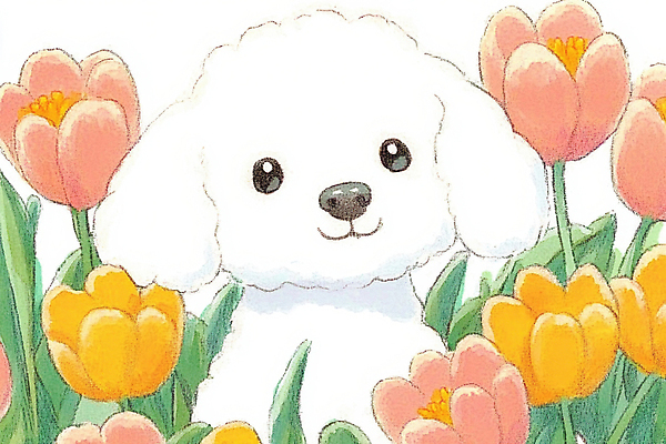 JPG 한마리 꽃밭 일러스트 색연필 사람없음 귀여움 봄 산책 튤립 강아지 그림 국내일러스트 AI일러스트 AI콘텐츠 1 계절 꽃 컨셉 휴식 학용품 반려동물 개 파일형식