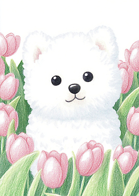 JPG 한마리 꽃밭 일러스트 색연필 사람없음 귀여움 봄 산책 튤립 강아지 그림 국내일러스트 AI일러스트 AI콘텐츠 1 계절 꽃 컨셉 휴식 학용품 반려동물 개 파일형식