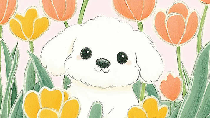 JPG 한마리 꽃밭 일러스트 색연필 사람없음 귀여움 봄 산책 튤립 강아지 그림 국내일러스트 AI일러스트 AI콘텐츠 1 계절 꽃 컨셉 휴식 학용품 반려동물 개 파일형식