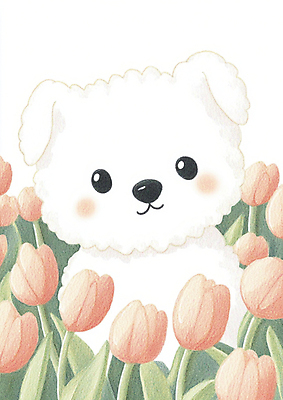 JPG 한마리 꽃밭 일러스트 색연필 사람없음 귀여움 봄 산책 튤립 강아지 그림 국내일러스트 AI일러스트 AI콘텐츠 1 계절 꽃 컨셉 휴식 학용품 반려동물 개 파일형식