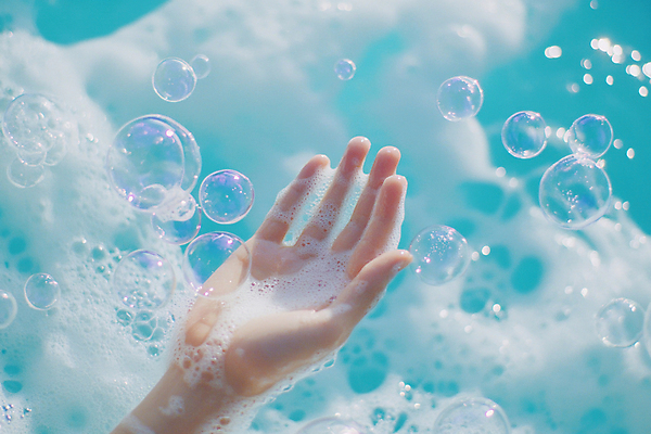 JPG 편집이미지 손 하늘색 신체부위 깨끗함 청결 액체 비눗방울 예방 손씻기 비누거품 습관 편집실사 AI인물포토 AI콘텐츠 컨셉 사람 파란색 거품 위생 씻기 CG 파일형식 AI포토