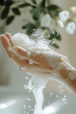 JPG 편집이미지 손 꽃 잎 신체부위 물 깨끗함 청결 흐름 액체 예방 손씻기 비누거품 습관 편집실사 AI인물포토 AI콘텐츠 자연요소 식물 컨셉 사람 거품 위생 씻기 CG 파일형식 AI포토