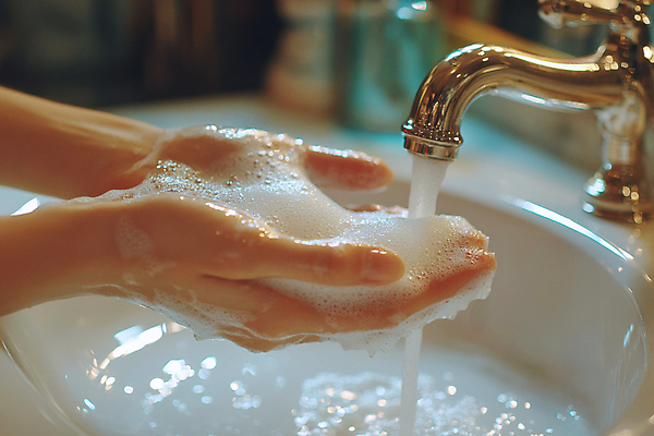 JPG 편집이미지 손 신체부위 물 깨끗함 청결 흐름 세면대 수도꼭지 예방 손모으기 손씻기 비누거품 습관 편집실사 AI인물포토 AI콘텐츠 자연요소 컨셉 사람 손짓 거품 위생 씻기 CG 파일형식 AI포토