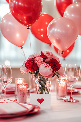 JPG 편집이미지 접시 기념일 와인잔 초 발렌타인데이 사랑 사람없음 빨간색 장미 파티 꽃병 편지 오브젝트 풍선 편집실사 AI컴퓨터그래픽 AI콘텐츠 식기 꽃 감정 컬러 술잔 데이이벤트 이벤트 CG 파일형식