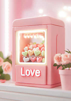 JPG 편집이미지 기념일 화분 분홍색 전구 발렌타인데이 사랑 사람없음 빛 장미 하트 오브젝트 자판기 편집실사 AI컴퓨터그래픽 AI콘텐츠 모양 꽃 감정 컬러 데이이벤트 이벤트 CG 파일형식