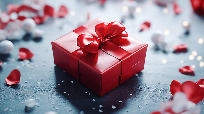 JPG 편집이미지 기념일 꽃잎 리본 발렌타인데이 사랑 사람없음 빨간색 선물상자 오브젝트 편집실사 AI컴퓨터그래픽 AI콘텐츠 꽃 감정 컬러 데이이벤트 선물 이벤트 상자 CG 파일형식