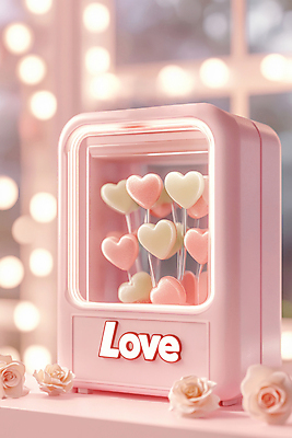 JPG 편집이미지 기념일 분홍색 전구 발렌타인데이 사랑 사람없음 장미 하트 오브젝트 광택 자판기 편집실사 AI컴퓨터그래픽 AI콘텐츠 모양 꽃 감정 컬러 데이이벤트 이벤트 CG 파일형식