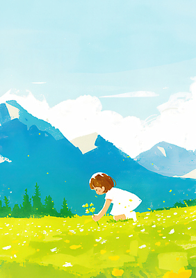 JPG 전신 구름 여자 꽃 어린이 꽃밭 일러스트 자연 하늘 산 한명 앉기 풍경 소녀 초원 봄 무릎꿇기 상쾌 소녀한명만 줍기 국내일러스트 AI일러스트 AI콘텐츠 자연요소 식물 1 계절 감정 모션 사람 생태계 여자한명만 소녀만 파일형식