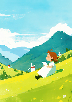 JPG 전신 구름 여자 꽃 종이 어린이 일러스트 자연 하늘 산 한명 들기 앉기 풍경 소녀 초원 봄 언덕 상쾌 풍차집 소녀한명만 국내일러스트 AI일러스트 AI콘텐츠 자연요소 식물 1 계절 감정 모션 사람 풍차 생태계 여자한명만 소녀만 파일형식