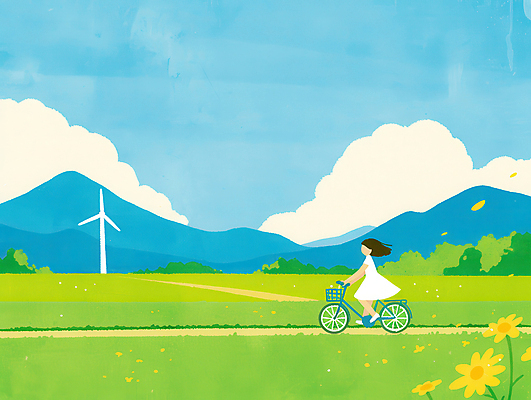 JPG 전신 구름 여자 꽃 어린이 일러스트 자연 하늘 산 한명 풍경 소녀 초원 자전거 봄 승차 상쾌 풍력기 소녀한명만 국내일러스트 AI일러스트 AI콘텐츠 자연요소 식물 1 계절 감정 모션 사람 바이크 풍력에너지 생태계 여자한명만 소녀만 파일형식