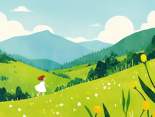 JPG 전신 구름 여자 꽃 어린이 일러스트 자연 하늘 산 한명 풍경 소녀 초원 봄 상쾌 소녀한명만 국내일러스트 AI일러스트 AI콘텐츠 자연요소 식물 1 계절 감정 사람 생태계 여자한명만 소녀만 파일형식