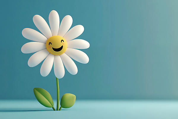 JPG 편집이미지 하늘색 잎 미소 사람없음 귀여움 데이지 편집3D AI컴퓨터그래픽 AI콘텐츠 식물 꽃 컨셉 표정 파란색 3D 파일형식