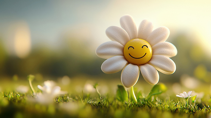 JPG 편집이미지 잎 미소 잔디 초원 사람없음 귀여움 데이지 편집3D AI컴퓨터그래픽 AI콘텐츠 식물 꽃 컨셉 표정 3D 파일형식