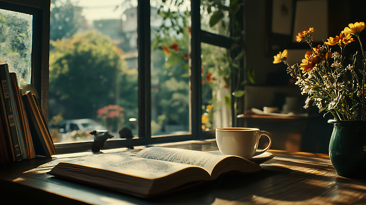 JPG 편집이미지 여유 자연 그림자 취미 사람없음 책 독서 햇빛 갈색 꽃병 커피잔 창가 책상 편집실사 AI포토 AI콘텐츠 꽃 감정 커피 컬러 가구 창문 잔 태양 CG 생태계 파일형식