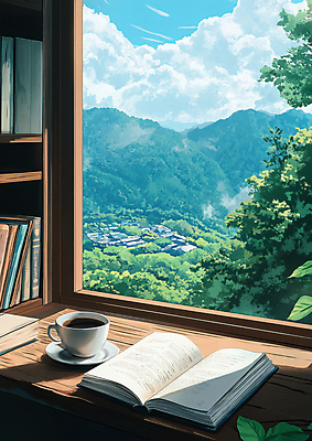 JPG 나무 구름 편집이미지 여유 자연 산 책장 그림자 풍경 취미 사람없음 책 독서 햇빛 마을 커피잔 창가 책상 편집실사 AI포토 AI콘텐츠 자연요소 식물 감정 커피 가구 창문 잔 태양 CG 생태계 파일형식