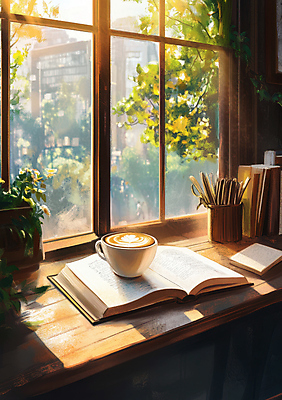 JPG 편집이미지 여유 자연 그림자 취미 사람없음 책 독서 햇빛 커피잔 창가 책상 연필꽂이 라떼아트 편집실사 AI포토 AI콘텐츠 감정 커피 가구 창문 문구용품 잔 태양 CG 그림 생태계 라떼 파일형식