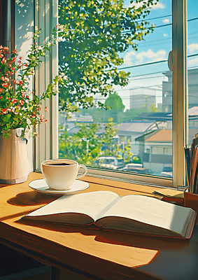 JPG 구름 편집이미지 화분 여유 자연 그림자 풍경 취미 사람없음 책 독서 햇빛 커피잔 창가 책상 편집실사 AI포토 AI콘텐츠 자연요소 감정 커피 가구 창문 잔 태양 CG 생태계 파일형식