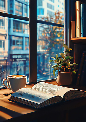 JPG 편집이미지 화분 여유 책장 그림자 취미 사람없음 책 도시풍경 독서 햇빛 커피잔 창가 책상 라떼아트 편집실사 AI포토 AI콘텐츠 감정 커피 가구 창문 잔 풍경 태양 도시 CG 그림 라떼 파일형식