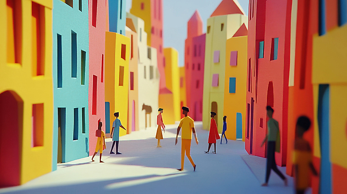 JPG 편집이미지 여자 남자 종이 거리 그림자 사람 여러명 성인 건물 컬러풀 걷기 마을 페이퍼아트 군중 성인만 편집실사 AI컴퓨터그래픽 AI콘텐츠 건축물 컬러 다수 모션 CG 파일형식