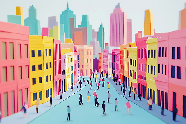 JPG 편집이미지 여자 남자 종이 거리 그림자 사람 빌딩 여러명 성인 건물 컬러풀 도시 페이퍼아트 군중 성인만 편집실사 AI컴퓨터그래픽 AI콘텐츠 건축물 컬러 다수 CG 파일형식