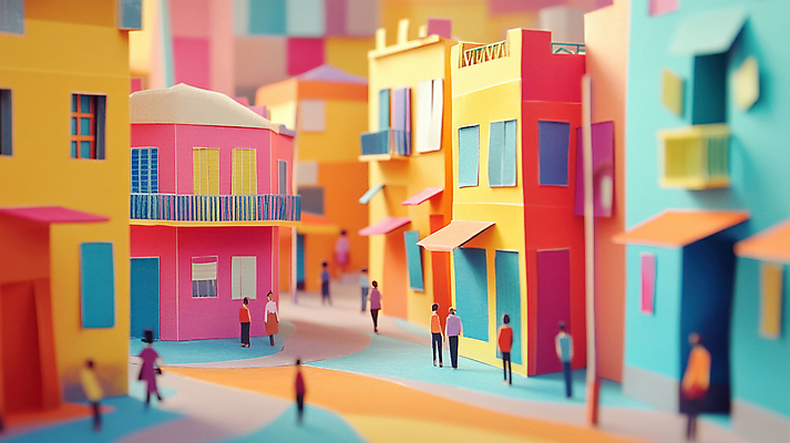 JPG 편집이미지 여자 남자 종이 거리 그림자 사람 여러명 성인 건물 컬러풀 걷기 마을 페이퍼아트 군중 성인만 편집실사 AI컴퓨터그래픽 AI콘텐츠 건축물 컬러 다수 모션 CG 파일형식