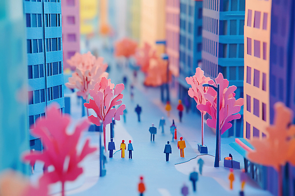 JPG 나무 편집이미지 여자 남자 종이 거리 그림자 사람 여러명 성인 건물 컬러풀 걷기 도시 페이퍼아트 군중 성인만 편집실사 AI컴퓨터그래픽 AI콘텐츠 식물 건축물 컬러 다수 모션 CG 파일형식