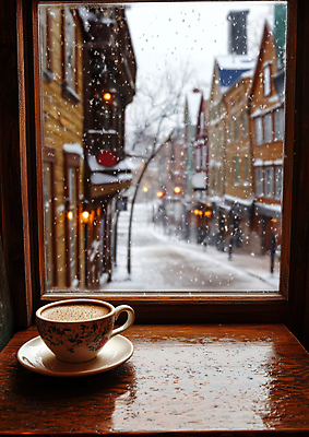 JPG 편집이미지 여유 커피 겨울 유럽풍경 식탁 거리 사람없음 건물 도시 커피잔 창가 감성 눈내림 편집실사 AI포토 AI콘텐츠 건축물 계절 감정 유럽 음료 컨셉 창문 탁자 잔 눈_날씨 풍경 CG 파일형식