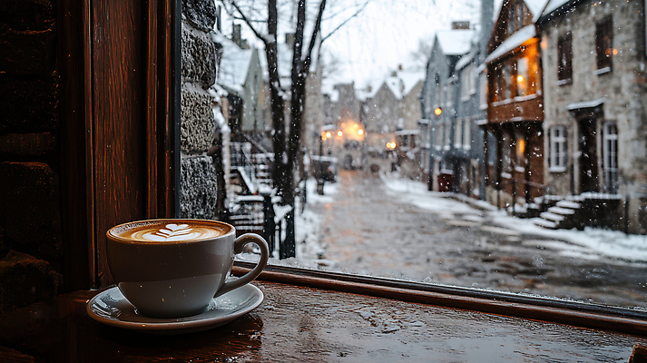JPG 편집이미지 여유 커피 겨울 유럽풍경 식탁 거리 사람없음 건물 도시 커피잔 창가 감성 라떼아트 눈내림 편집실사 AI포토 AI콘텐츠 건축물 계절 감정 유럽 음료 컨셉 창문 탁자 잔 눈_날씨 풍경 CG 그림 라떼 파일형식
