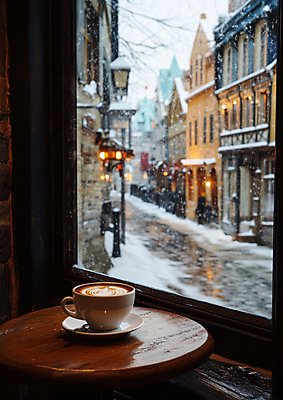 JPG 편집이미지 여유 커피 겨울 가로등 유럽풍경 식탁 탁자 거리 사람없음 건물 도시 커피잔 창가 감성 라떼아트 눈내림 편집실사 AI포토 AI콘텐츠 건축물 계절 공공시설 감정 유럽 음료 가구 컨셉 창문 잔 눈_날씨 풍경 CG 그림 라떼 파일형식