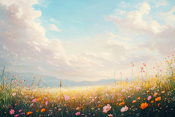 JPG 구름 꽃밭 일러스트 산 따뜻함 초원 사람없음 노을 가을 유화 국내일러스트 AI일러스트 AI콘텐츠 자연요소 계절 꽃 미술 파일형식