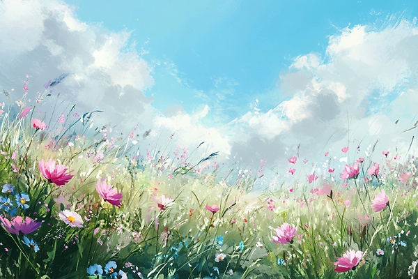 JPG 구름 꽃밭 일러스트 하늘 따뜻함 초원 사람없음 가을 유화 국내일러스트 AI일러스트 AI콘텐츠 자연요소 계절 꽃 미술 파일형식