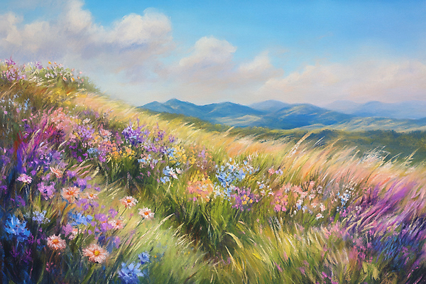 JPG 구름 꽃밭 일러스트 하늘 산 따뜻함 초원 사람없음 가을 유화 국내일러스트 AI일러스트 AI콘텐츠 자연요소 계절 꽃 미술 파일형식