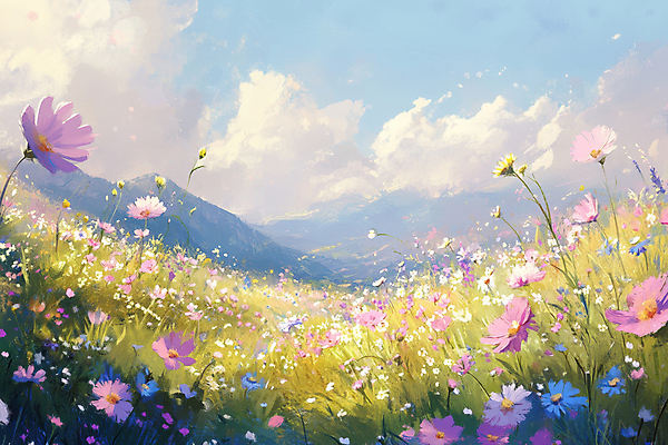 JPG 구름 꽃밭 일러스트 하늘 산 따뜻함 그림자 초원 사람없음 햇빛 가을 유화 국내일러스트 AI일러스트 AI콘텐츠 자연요소 계절 꽃 미술 태양 파일형식