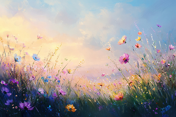 JPG 구름 꽃밭 일러스트 하늘 따뜻함 초원 사람없음 노을 가을 그라데이션 유화 국내일러스트 AI일러스트 AI콘텐츠 자연요소 계절 꽃 미술 파일형식