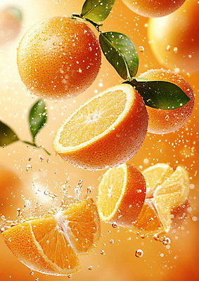 JPG 편집이미지 오렌지 단면 나뭇잎 사람없음 물 주황색 신선 슬라이스 스플래쉬 편집실사 AI컴퓨터그래픽 AI콘텐츠 자연요소 컬러 잎 과일 CG 파일형식