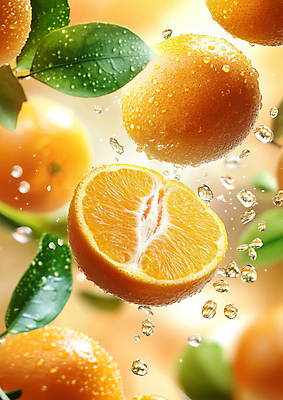 JPG 편집이미지 오렌지 단면 나뭇잎 사람없음 물 주황색 신선 슬라이스 스플래쉬 편집실사 AI컴퓨터그래픽 AI콘텐츠 자연요소 컬러 잎 과일 CG 파일형식
