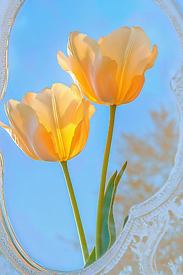 JPG 편집이미지 자연 하늘 밝음 근접촬영 사람없음 햇빛 반사 노란색 봄 거울 튤립 풀 화려 신비 두송이 편집실사 AI포토 AI콘텐츠 식물 계절 꽃 뷰포인트 컬러 컨셉 2 태양 CG 생태계 파일형식