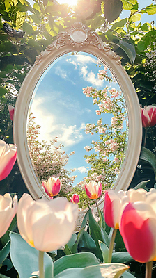 JPG 구름 편집이미지 자연 하늘 밝음 사람없음 햇빛 반사 정원 봄 거울 튤립 풀 화려 신비 싱그러움 편집실사 AI포토 AI콘텐츠 자연요소 식물 계절 꽃 컨셉 태양 CG 생태계 파일형식