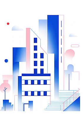 JPG 나무 구름 일러스트 사람없음 건물 파란색 계단 도시 모던 심플 빌딩숲 국내일러스트 AI일러스트 AI콘텐츠 자연요소 식물 건축물 컬러 빌딩 파일형식