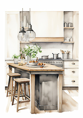 JPG 접시 화분 의자 과일 일러스트 식탁 조명 수채화 실내 사람없음 인테리어 주방 가스레인지 스케치 베이지색 국내일러스트 AI일러스트 AI콘텐츠 식기 디자인 컬러 가구 탁자 미술 내부 가전제품 레인지 파일형식