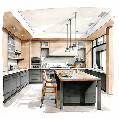 JPG 식기 의자 일러스트 창문 식탁 조명 수채화 선반 실내 사람없음 인테리어 주방 스케치 싱크대 베이지색 국내일러스트 AI일러스트 AI콘텐츠 디자인 컬러 가구 탁자 미술 내부 개수대 파일형식