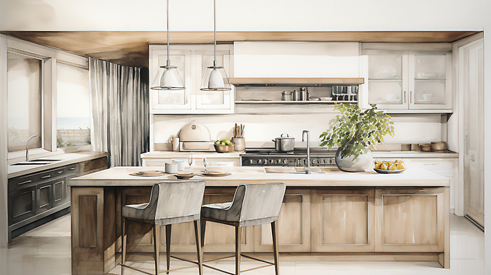 JPG 식기 화분 의자 일러스트 식탁 조명 수채화 선반 실내 사람없음 인테리어 주방 커튼 가스레인지 스케치 싱크대 베이지색 국내일러스트 AI일러스트 AI콘텐츠 디자인 컬러 가구 탁자 미술 내부 가전제품 레인지 개수대 파일형식