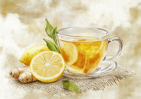 JPG 음료 잎 일러스트 유리 단면 수채화 따뜻함 건강 사람없음 차 찻잔 생강 레몬차 국내일러스트 AI일러스트 AI콘텐츠 식물 채소 재질 잔 차_음료 파일형식