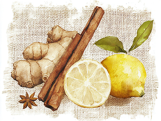 JPG 잎 일러스트 단면 수채화 건강 사람없음 레몬 향신료 생강 시나몬스틱 국내일러스트 AI일러스트 AI콘텐츠 식물 채소 과일 시나몬 향미료 파일형식