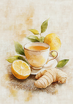 JPG 음료 잎 일러스트 단면 수채화 따뜻함 건강 사람없음 차 찻잔 생강 레몬차 국내일러스트 AI일러스트 AI콘텐츠 식물 채소 잔 차_음료 파일형식