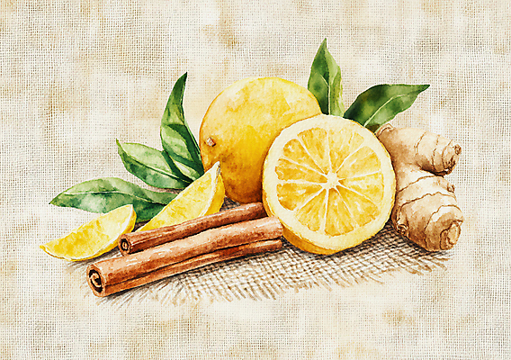 JPG 잎 일러스트 단면 수채화 건강 사람없음 레몬 생강 시나몬스틱 국내일러스트 AI일러스트 AI콘텐츠 식물 채소 과일 시나몬 파일형식