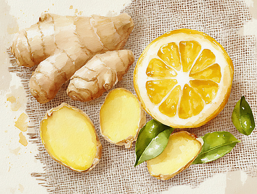 JPG 잎 일러스트 단면 수채화 건강 사람없음 하이앵글 레몬 생강 국내일러스트 AI일러스트 AI콘텐츠 식물 뷰포인트 채소 과일 파일형식