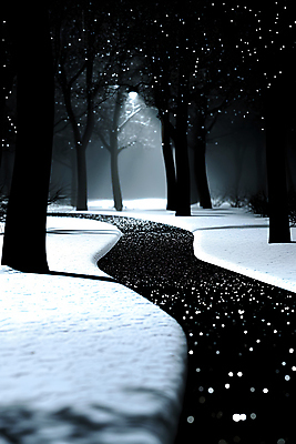 JPG 나무 길 겨울 일러스트 풍경 사람없음 설원 어둠 차가움 야간 숲 눈내림 국내일러스트 AI일러스트 AI콘텐츠 자연요소 식물 계절 눈_날씨 파일형식