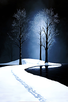 JPG 나무 호수 겨울 일러스트 풍경 사람없음 설원 어둠 눈 차가움 야간 바퀴자국 국내일러스트 AI일러스트 AI콘텐츠 자연요소 식물 계절 자국 날씨 눈_날씨 파일형식