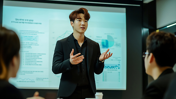 JPG 편집이미지 여자 남자 회의 커뮤니케이션 정장 손짓 상반신 성인 세명 스크린 발표 집중 프레젠테이션 통계자료 의료성형뷰티 성인만 편집실사 AI인물포토 AI콘텐츠 옷 컨셉 비즈니스 모션 통계 사람 자료 CG 파일형식 AI포토